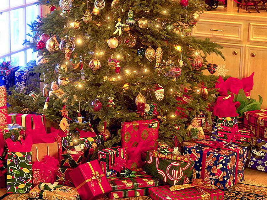 Regali di Natale, soggiorno, regali, interno, albero di natale Sfondo HD