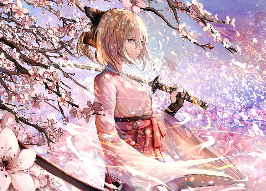 Sakura saber, katana, bunga sakura, anime Wallpaper HD