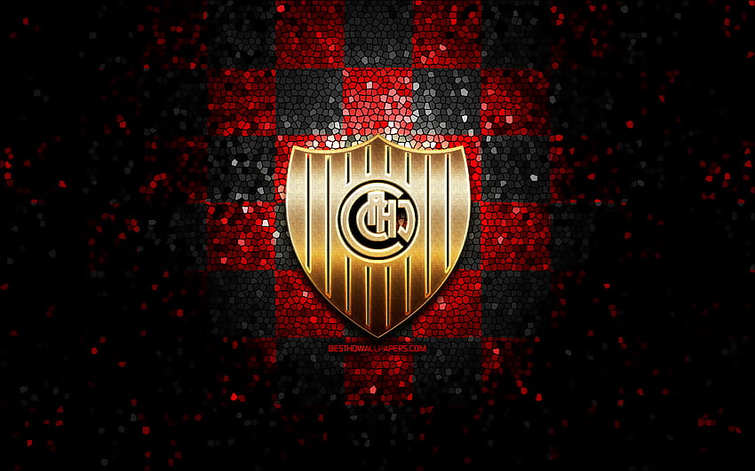CA Chacarita Juniors, блестящо лого, Primera Nacional, червен черен кариран фон, футбол, аржентински футболен клуб, лого на Chacarita Juniors, мозаечно изкуство, футбол, Chacarita Juniors FC HD тапет