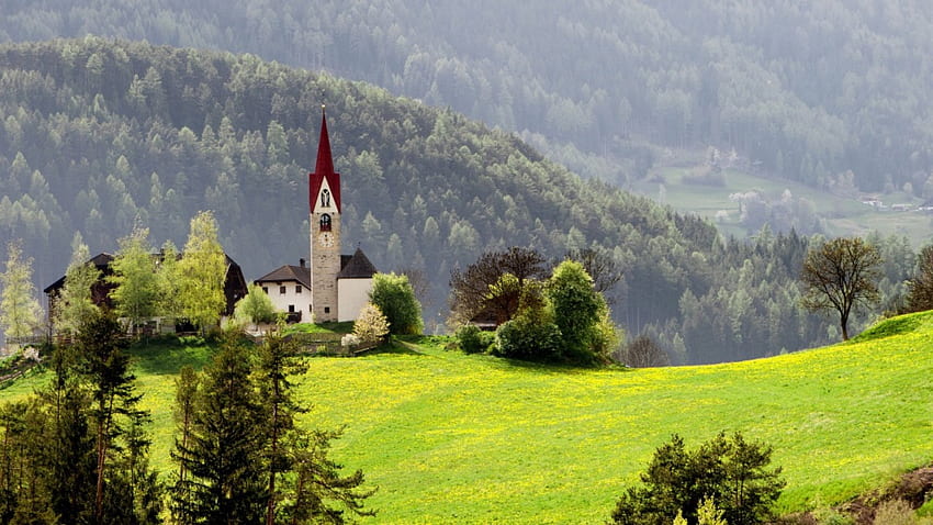 красив параклис в долината, църква, гора, долина, планина HD тапет