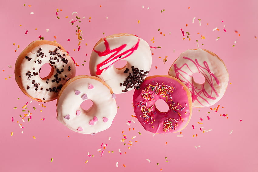 Donuts, sweet, pink, gogosi, white, dessert, food, donut HD wallpaper