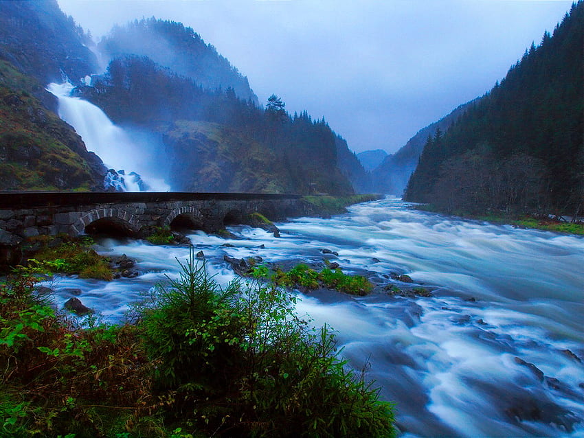 My silky fairytale, blue, river, bushes, mountain, silk, mist, fog, waterfall, nature, water HD wallpaper