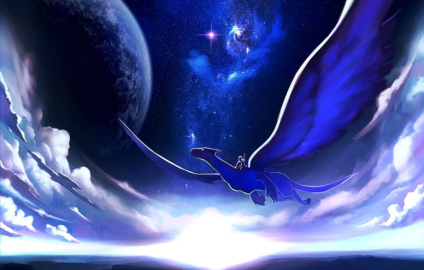 the sky, stars, clouds, flight, night, dragon, planet, art, rider for , section фантастика HD wallpaper
