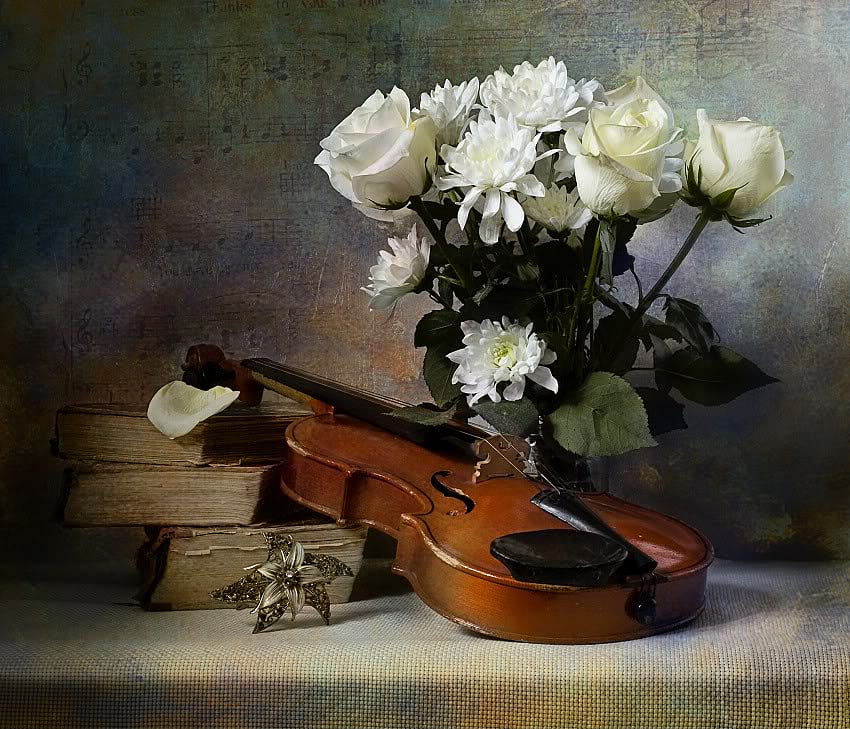 натюрморт, брошка, букет, рози, бижута, цигулка, книги, музика, цвете, природа, цветя, хризантеми HD тапет