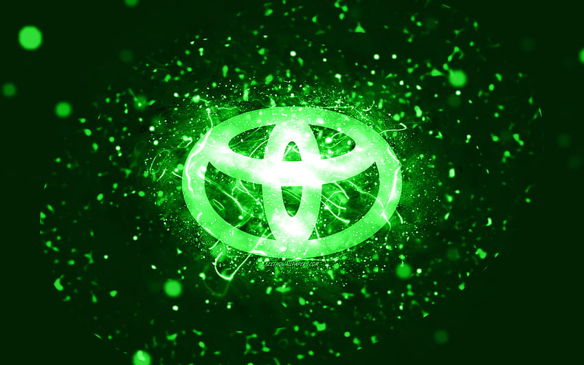 Zielone logo Toyota, zielone neony, kreatywne, zielone abstrakcyjne tło, logo Toyota, marki samochodów, Toyota Tapeta HD