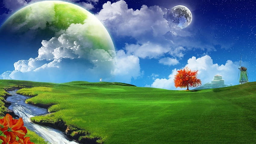 positive beautiful artwork art trees moon earth, Earth Nature HD wallpaper