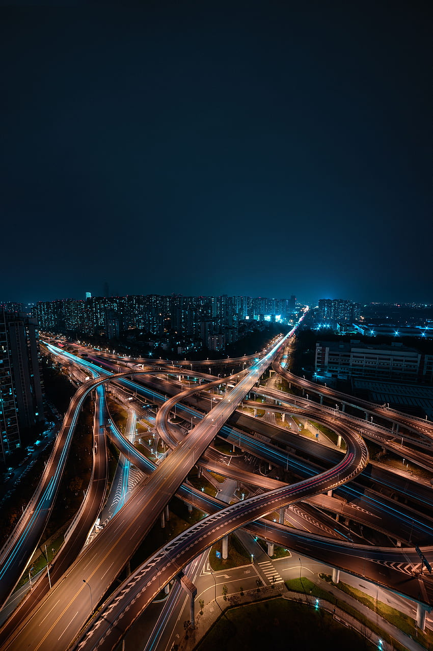 ciudades, carreteras, edificio, vista desde arriba, ciudad de noche, megapolis, megalópolis fondo de pantalla del teléfono