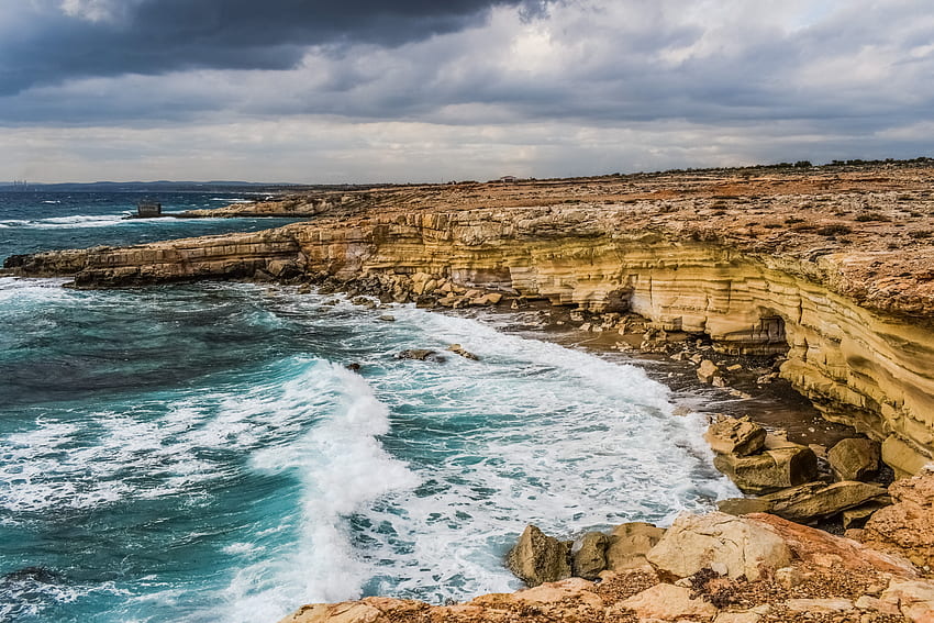 Nature, Waves, Shore, Bank, Cliff, Cyprus HD wallpaper