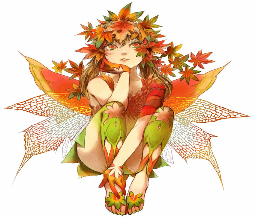 Herbstfee, süß, Flügel, süß, Mädchen, schön, orange, Fee, Anime, hübsch, grün, Blätter, schön HD-Hintergrundbild