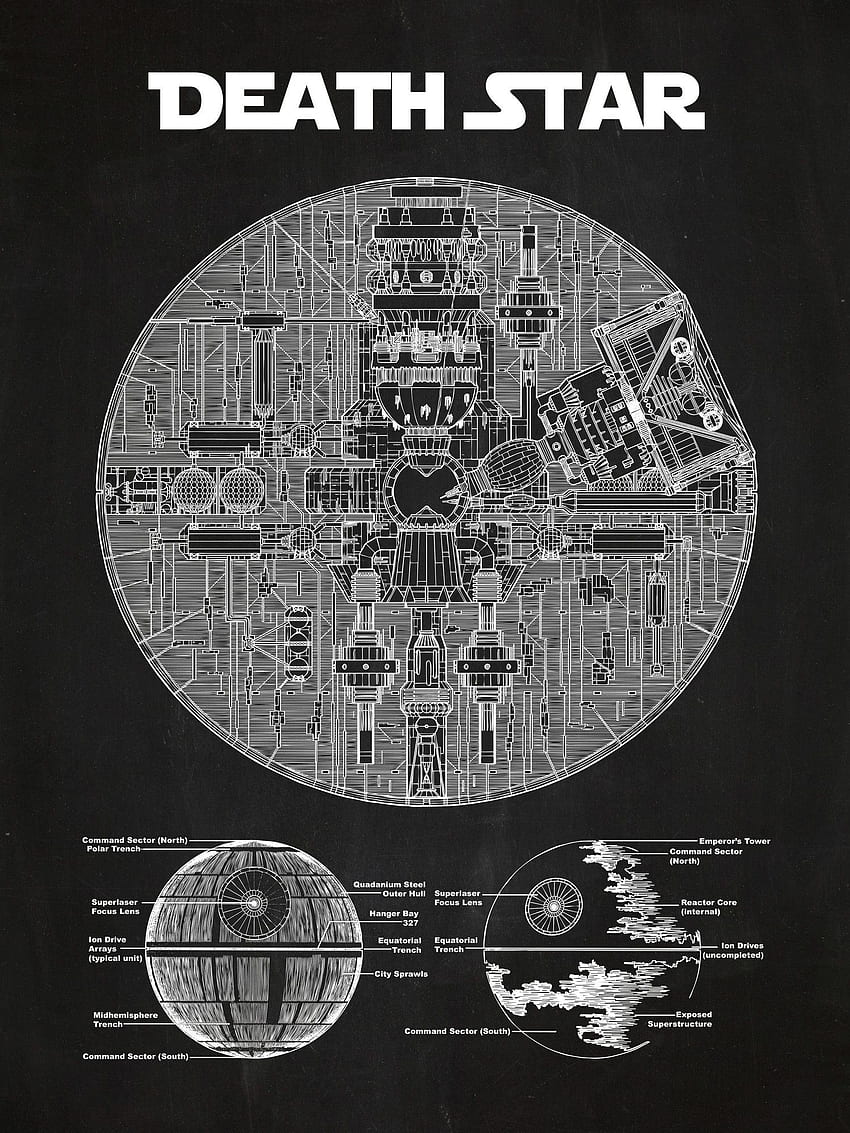 Affiche d'art graphique Star Wars Death Star Blueprint au tableau noir/encre blanche… Fond d'écran de téléphone HD