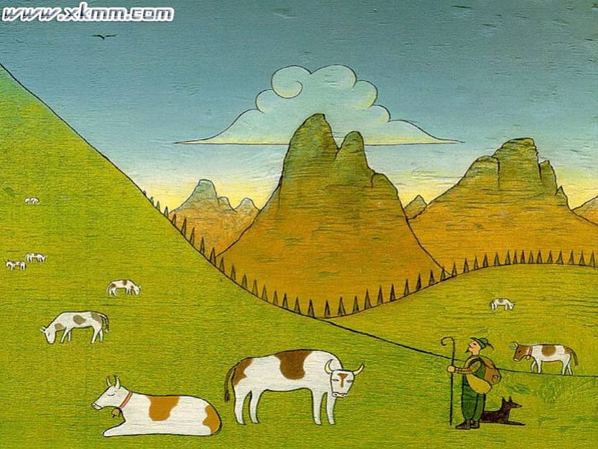 Gado pastando, fazendeiro, gado, montanhas, esgrima papel de parede HD