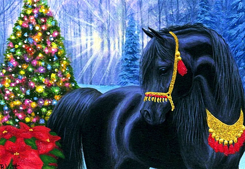 Christmas Beauty, artwork, horse, decoration, painting, festive, christmas tree HD wallpaper