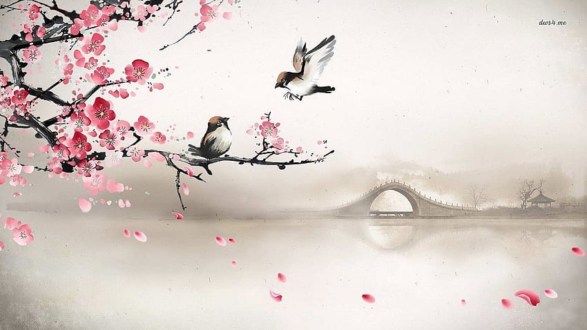 Sparrows on the cherry tree . Cherry blossom art, Cherry Blossom Painting HD wallpaper