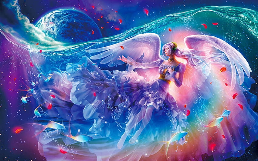 Angel of The Seas, sea, colorful, Moon, Angel, fantasy, magical, fish, dreamy, ocean HD wallpaper