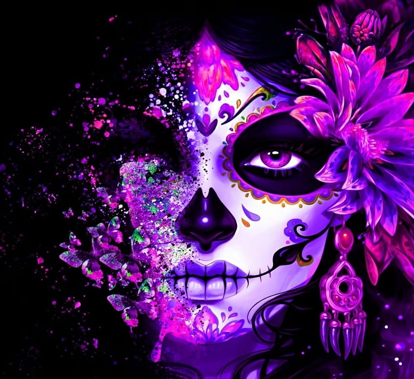 :), halloween, purple, hoang kim, flower, face, dia de los muertos, girl, earring HD wallpaper