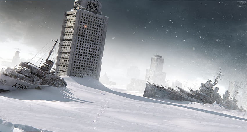 apocalypse, destruction, ships, snow HD wallpaper