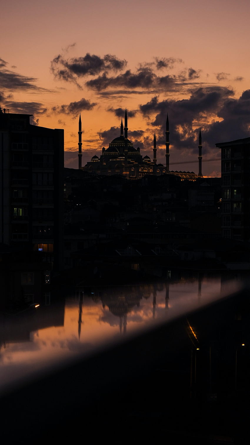 Crepúsculo, Edificio, Oscuro, Siluetas, Anochecer, Mezquita fondo de pantalla del teléfono
