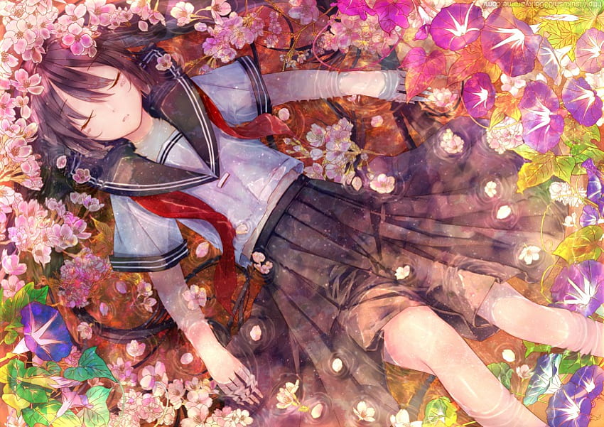 Anime, skirt, ribbon, uniform, girl, long hair, tie, petals, flowers ...