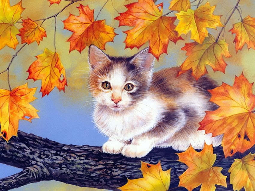 fall-foliage-kitten-painting, Herbst, Baum, Deutschland, Cats, Angst HD wallpaper