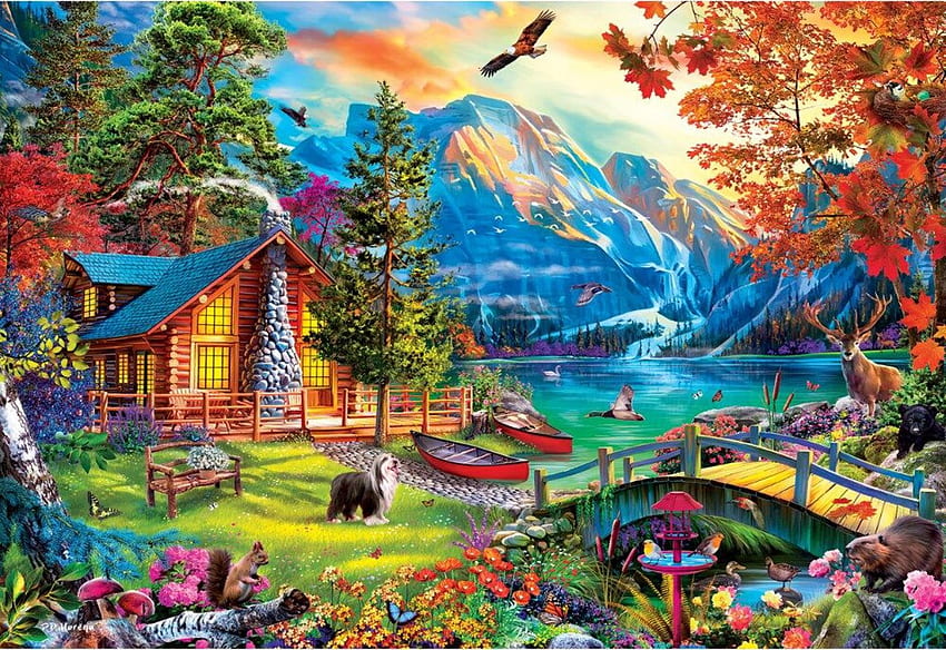 Tramonto in volo, pittura, aquila, ponte, alberi, montagne, capanna, fiume, opera d'arte, orso, fiori Sfondo HD