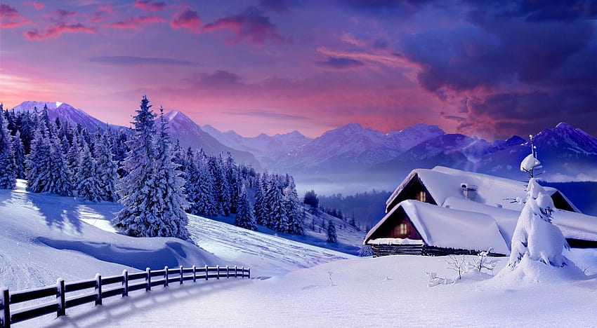 Snowy Eden, winter, art, scene, , landscape, cabin, abstract, painting, snow, mountains HD wallpaper