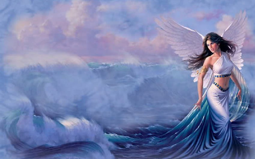 美しい天使、海、翼、白、波、美しい、天使 高画質の壁紙