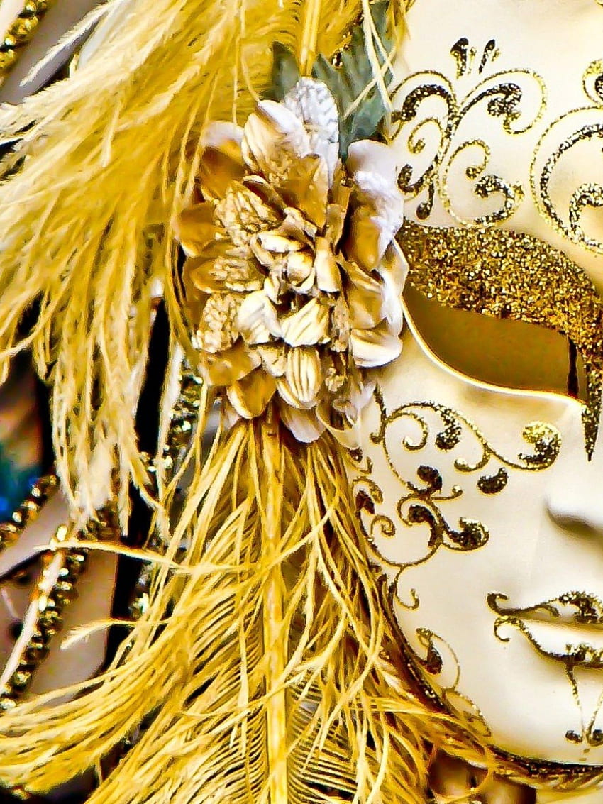 Gold Venice masks used in Italy carnivals wide HD phone wallpaper