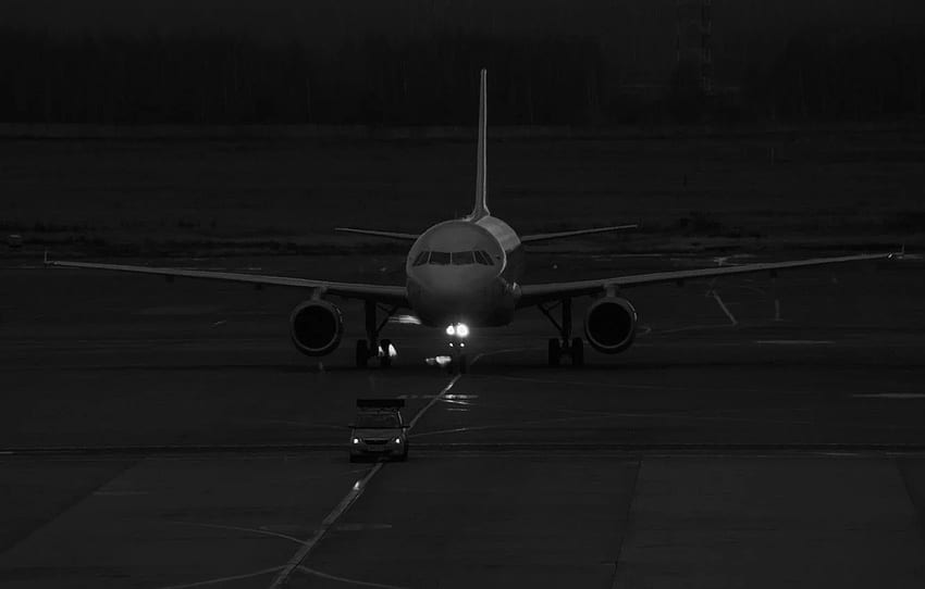 moscow, runway, the plane, turbines, black and white , forest pine, large aircraft, the plane in full growth, The plane on the runway for , section авиация, Airplane Runway HD wallpaper