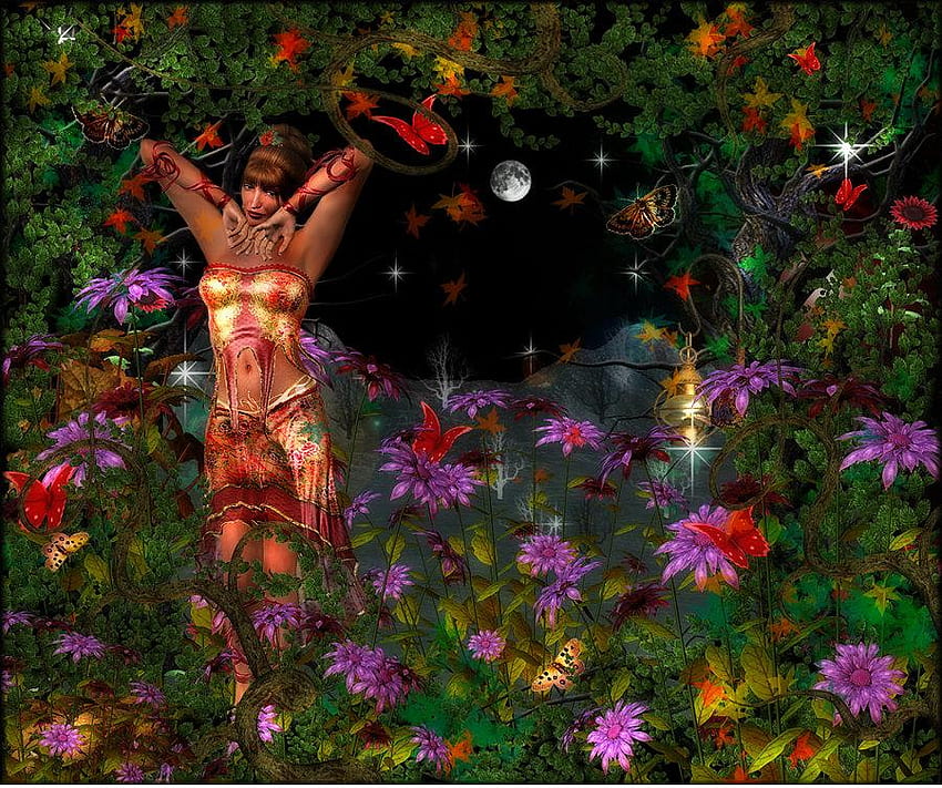 Lady in garden, lady, flowers, butterfly, moon HD wallpaper