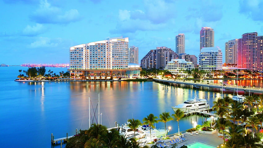 Маями по здрач, град, светлини, залив, мост, здрач HD тапет