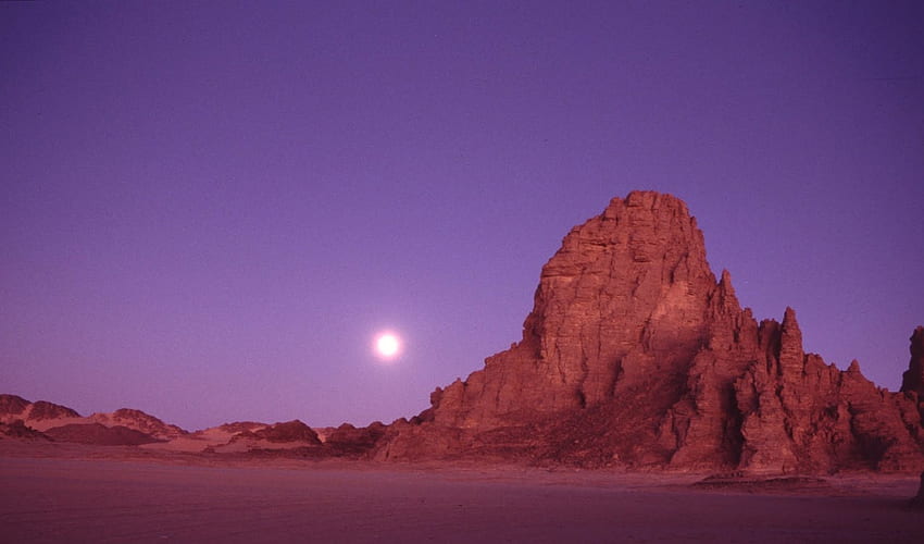 zmierzch na saharze, pustynia, księżyc, zmierzch, czerwona skała Tapeta HD
