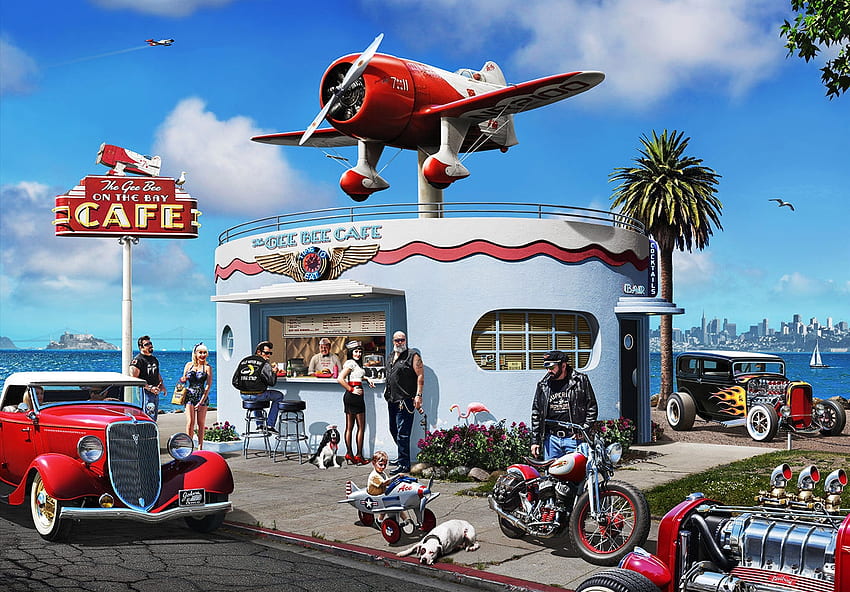 GeeBee Cafe, dog, cars, motorbikes, diner, cityscape, planes, retro, cafe, hot rod, water HD wallpaper