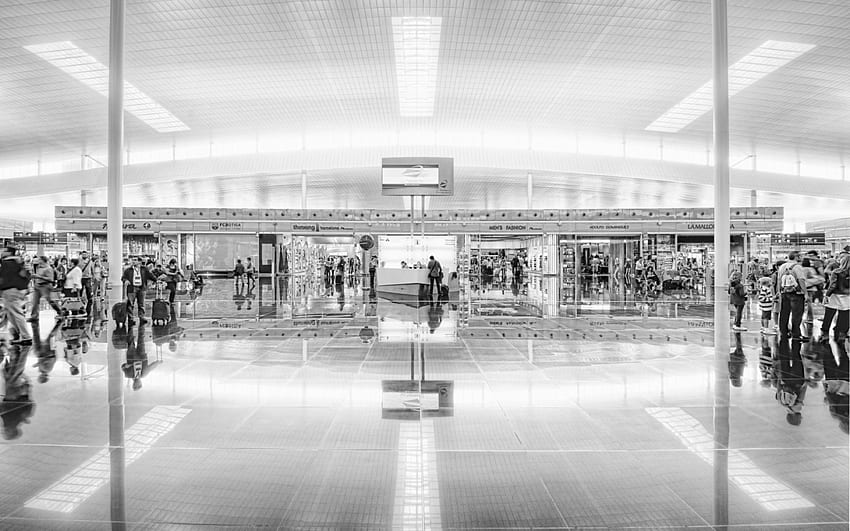 barcelona airport in grayscale r, terminal, airport, r, travlers, grayscale HD wallpaper