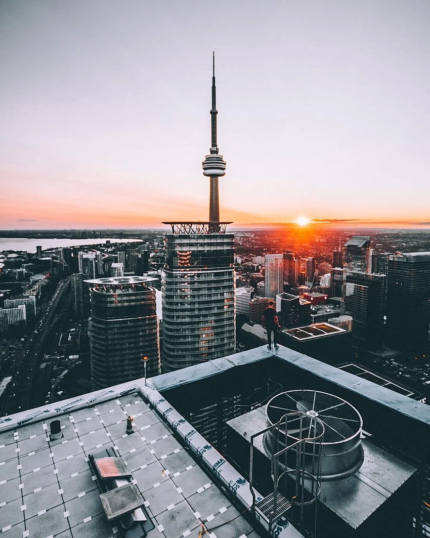 person standing on top of building in front of CN tower HD phone wallpaper