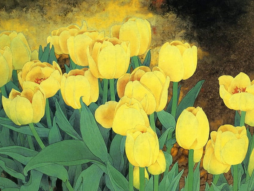 Yellow Tulips, garden, tulips, art HD wallpaper