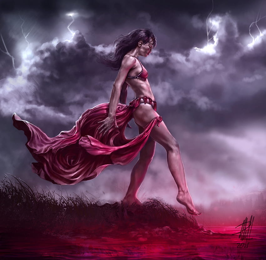 Rose Lake, pablo heredia, red, water, lake, art, girl, wind, rose, pink, fantasy, storm, cloud HD wallpaper