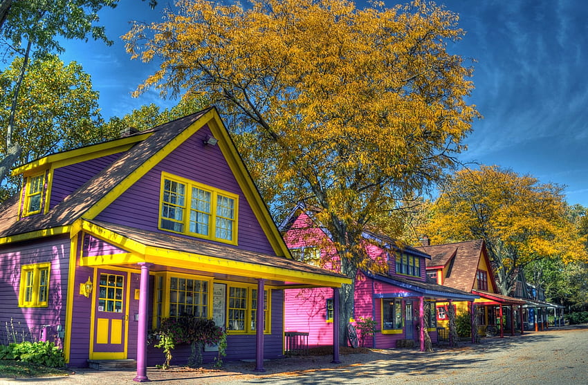 다채로운 주택, 화려한, 주택, 건축물, 거리가 있는 거리 HD 월페이퍼