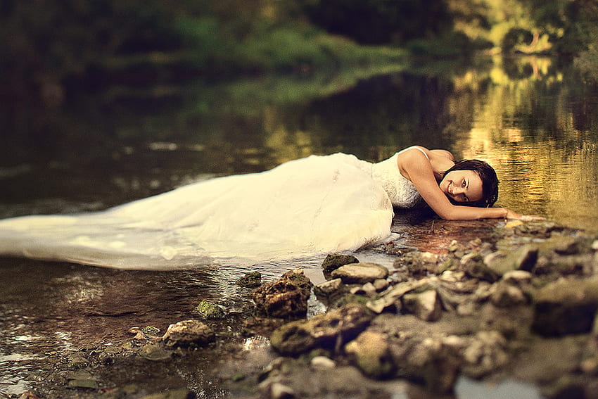 Smiling Angel, white, smiling, angel, dress, forest, stream HD ...