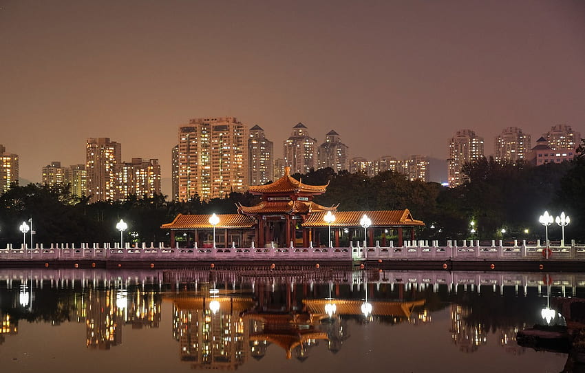 il cielo, acqua, alberi, notte, luci, riflesso, fiume, casa, luci, Cina, canale, passeggiata, Shenzhen per , sezione город Sfondo HD