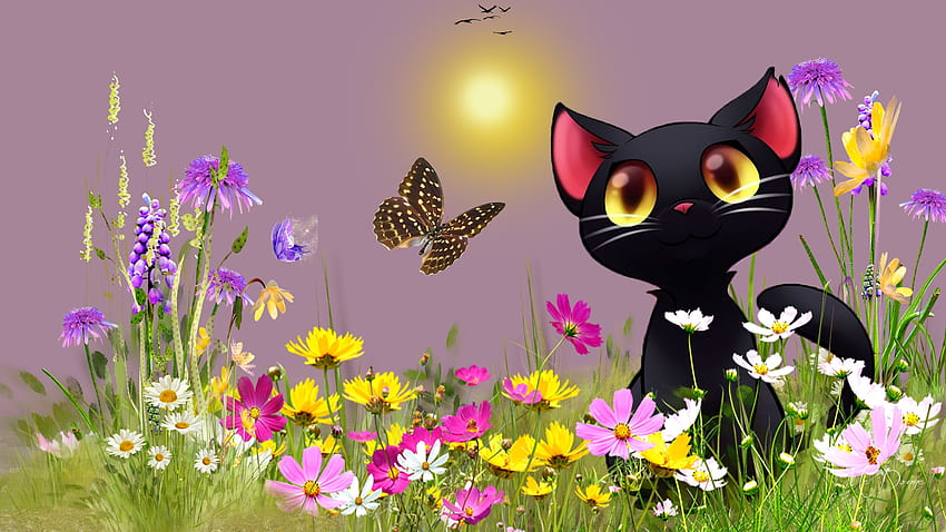 Black Cat in Garden, garden, kitten, cat, flowers HD wallpaper