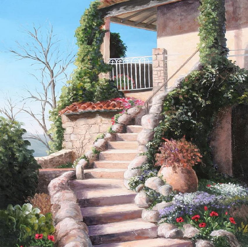 家に続く階段、階段、茂み、屋根、ツタ、絵画、石、木、花、空、ポット 高画質の壁紙