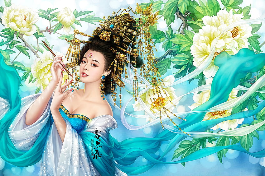 ความงามแบบตะวันออก สีน้ำเงิน ศิลปะ เกอิชา จีน สาว ผู้หญิง ความงาม ดิจิตอล แฟนตาซี ดอกไม้ วอลล์เปเปอร์ HD