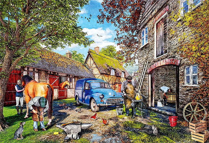 The Blacksmiths Cottage, horses, stable, shed, painting, car, house, trees, people HD wallpaper