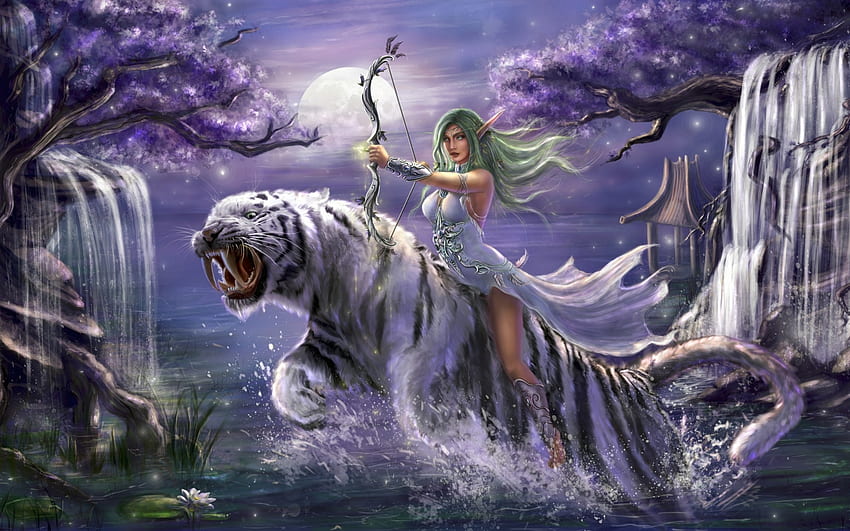 Archer, blue, white, frumusete, tiger, elf, tree, purple, moon, fantasy, green, waterfall, luna, luminos HD wallpaper