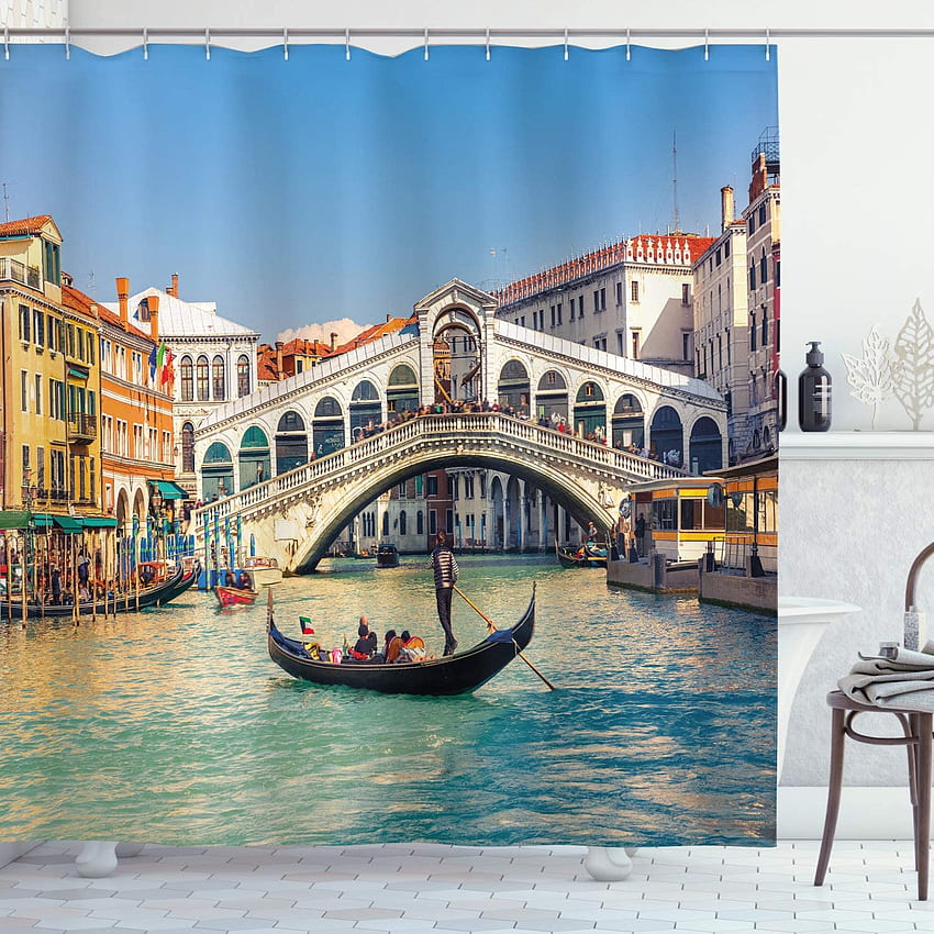 Ambesonne Venice Shower Curtain, Cityscape on a Sunny Day with Rialto Bridge Venetian Grand Canal Destination, tecido de tecido para decoração de banheiro com ganchos, 70 de comprimento, branco azul: casa e cozinha, Veneza vibrante Papel de parede de celular HD