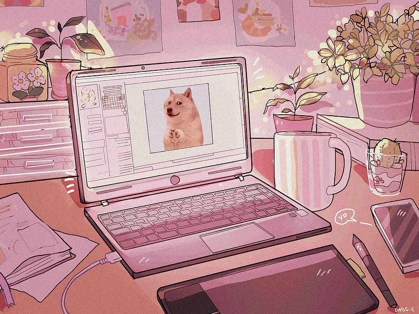 Pink Laptop Edit Con Un Lindo Dux Ruborizado. R Dogelore. Memes dogo irónicos, lindo artístico fondo de pantalla