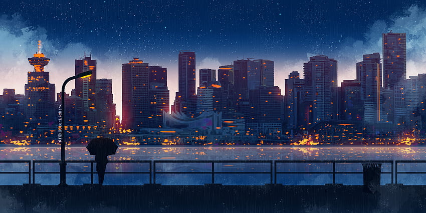 Anime City Lights Night Rain Umbrella Sky , Künstler HD-Hintergrundbild