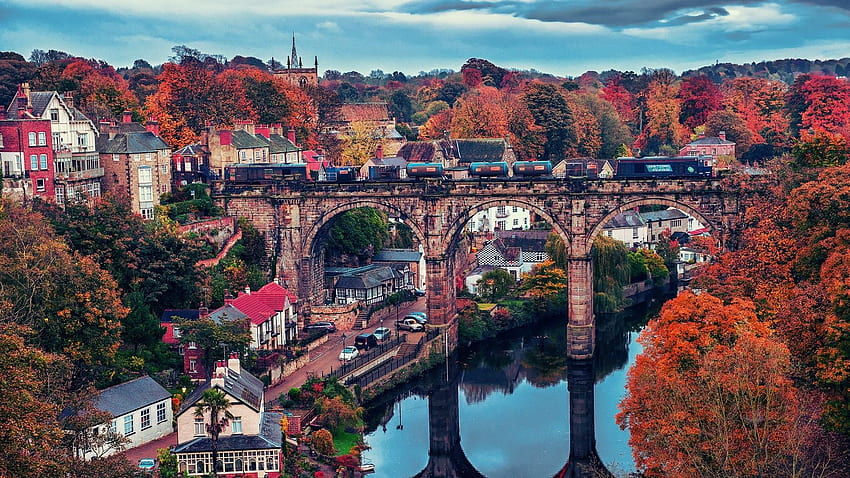 都市, 橋, 電車, 川, 反射, 秋, 木, 建築, イングランド, ナレスボロ, 赤い葉 / そしてモバイルの背景 高画質の壁紙