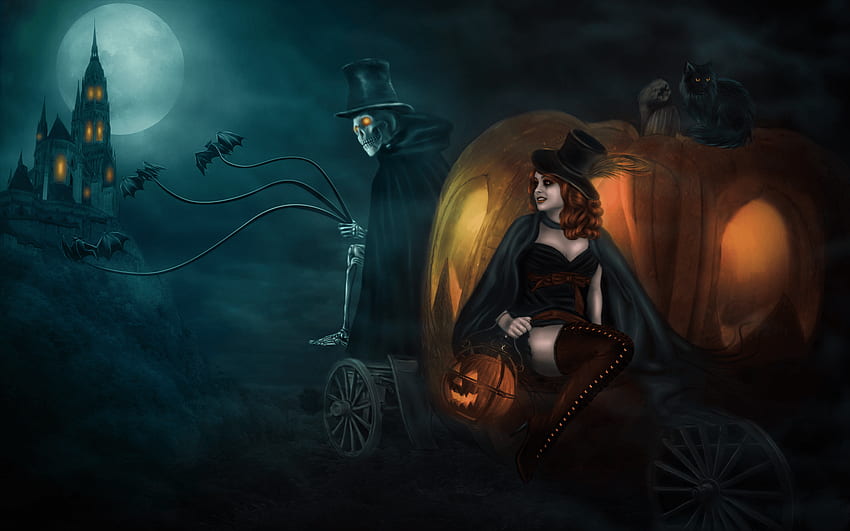 Halloweenowa czarownica, piękny kot wiedźma Tapeta HD