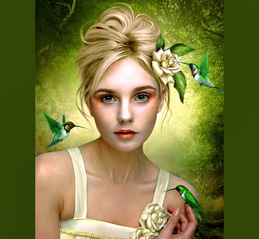 Sweet beauty, birds, blonde, hummingbirds, green, flowers, woman HD wallpaper